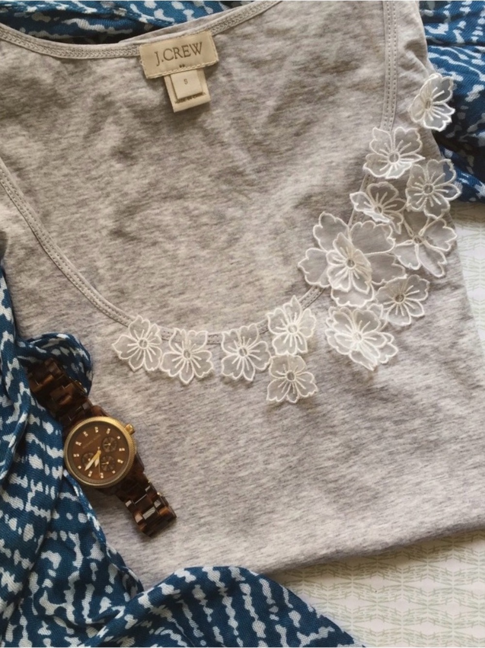 J.Crew Heather Grey Floral Appliqué Cotton Tank Top